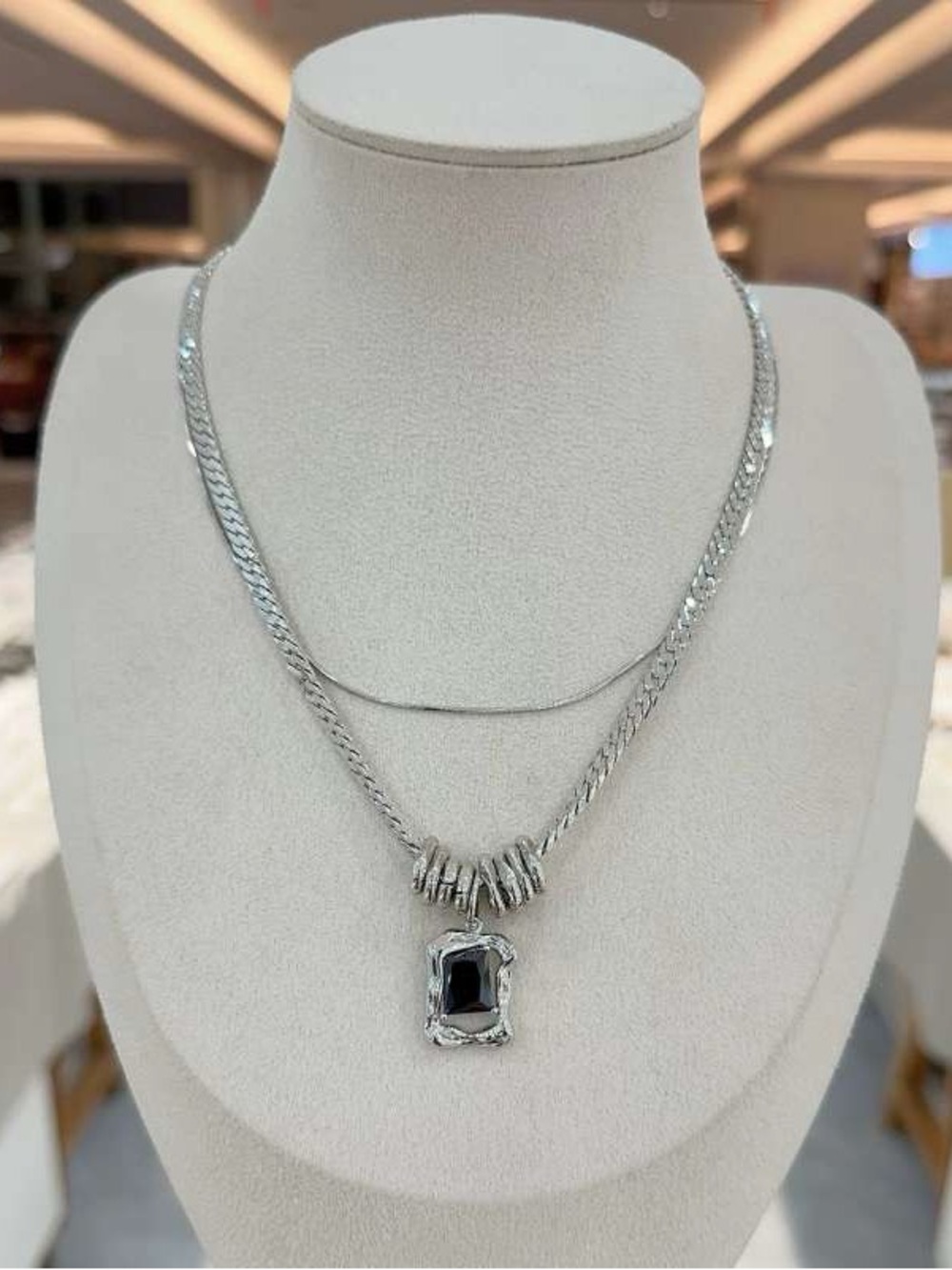 Sterling-Color Black Stone Pendant Necklace - Women's Jewelry